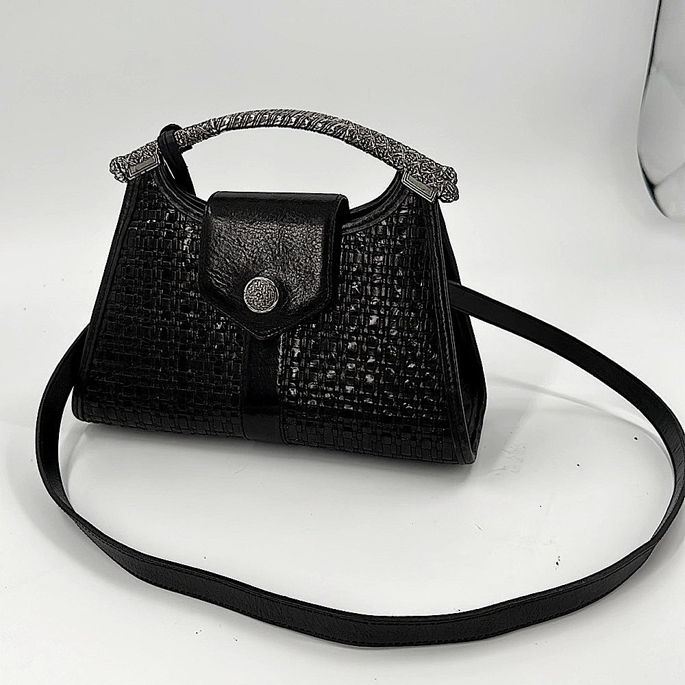 Rare Brighton Black Woven Leather Purse with Silver Crescent Handles